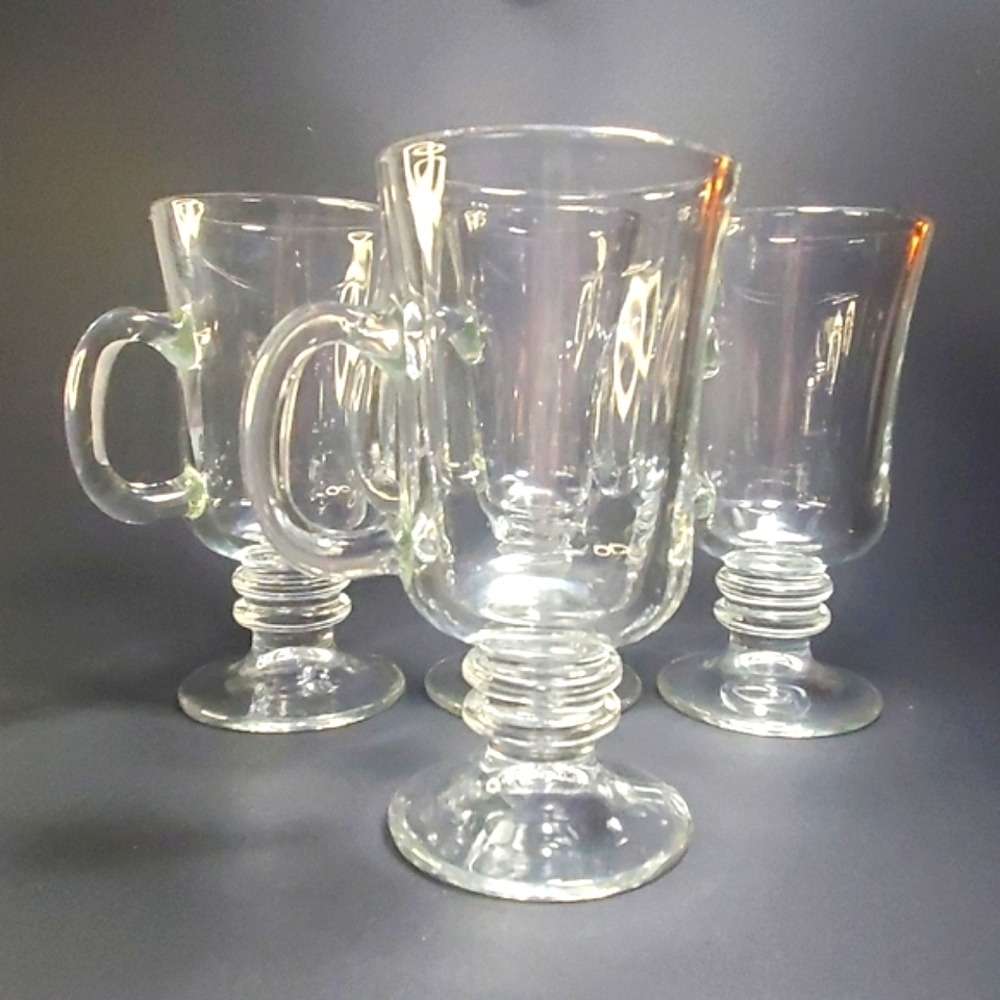 SET of (4) LIBBEY Milan Irish Coffee Clear Glass Mugs / Cups - Holds 8 oz ea EUC